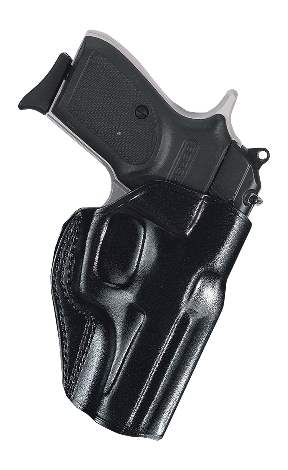 Handgun in black leather holster on white background