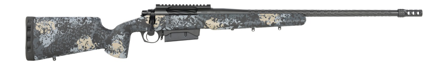 Camouflage bolt-action rifle with long barrel