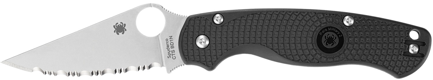 Partially serrated folding knife with black handle
