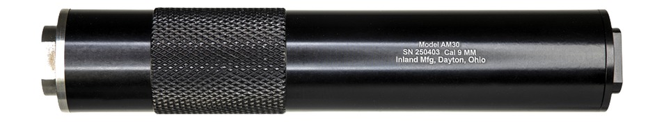 Black 9mm firearm suppressor with knurled grip