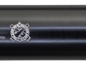 Black cylindrical firearm suppressor labeled Model I-CAN
