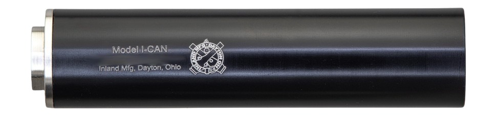 Black cylindrical firearm suppressor labeled Model I-CAN