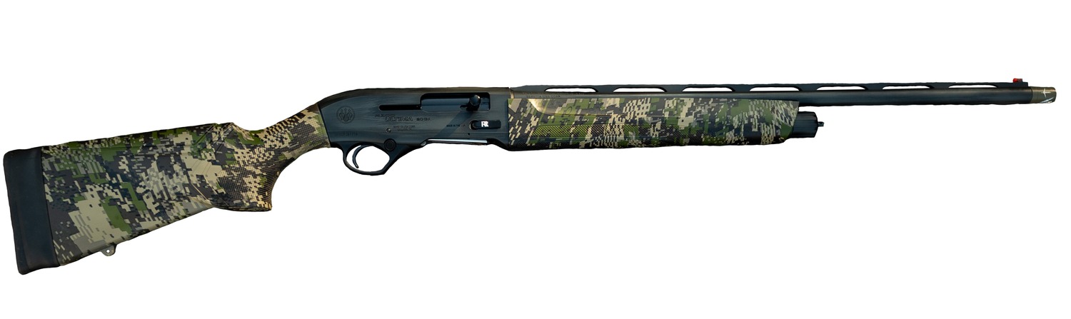 Camo-pattern shotgun with modern design features.