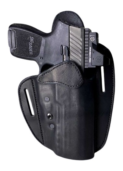 Handgun in black leather holster with optic sight