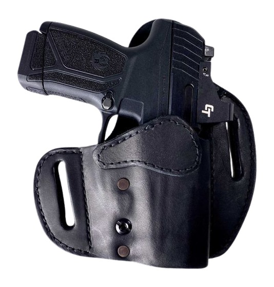 Handgun in black leather holster