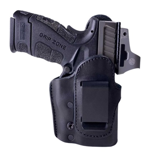 Handgun in black leather belt holster