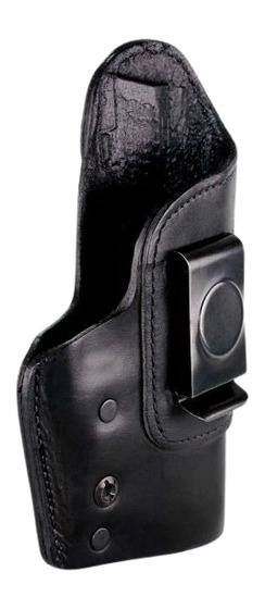Black leather handgun holster with belt clip
