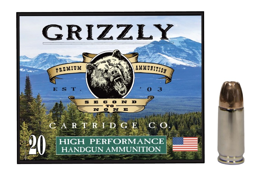 Grizzly handgun ammunition box and single bullet