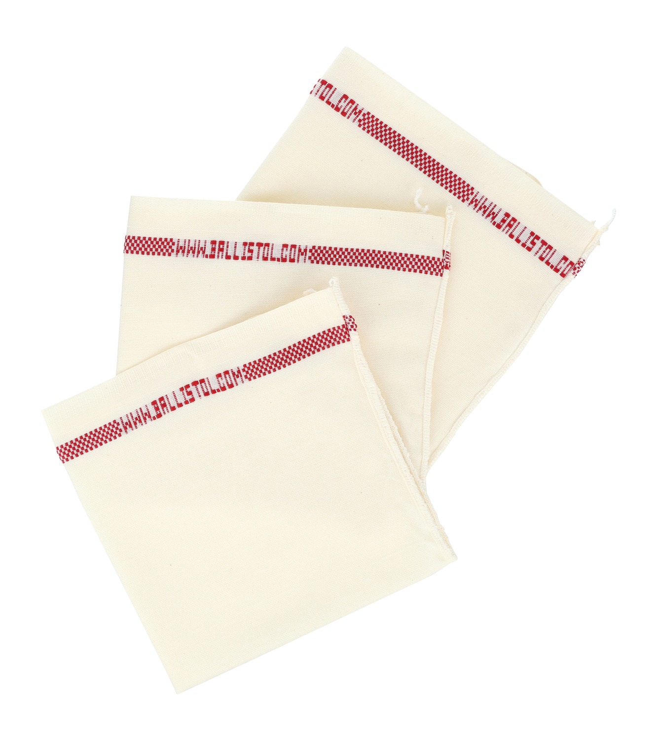 Three cream cotton drawstring bags with red trim