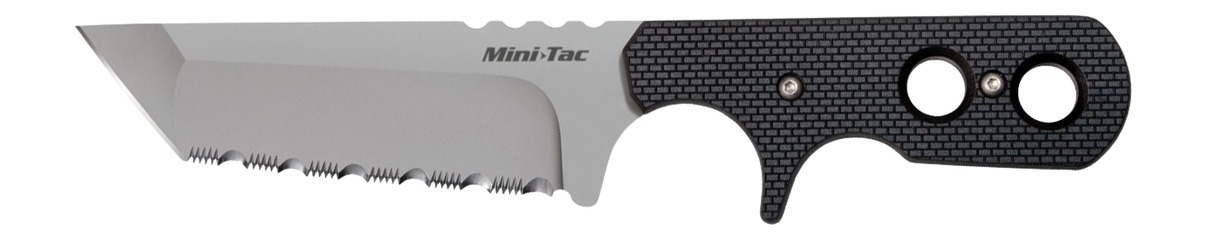 MiniTac serrated fixed-blade knife with finger holes