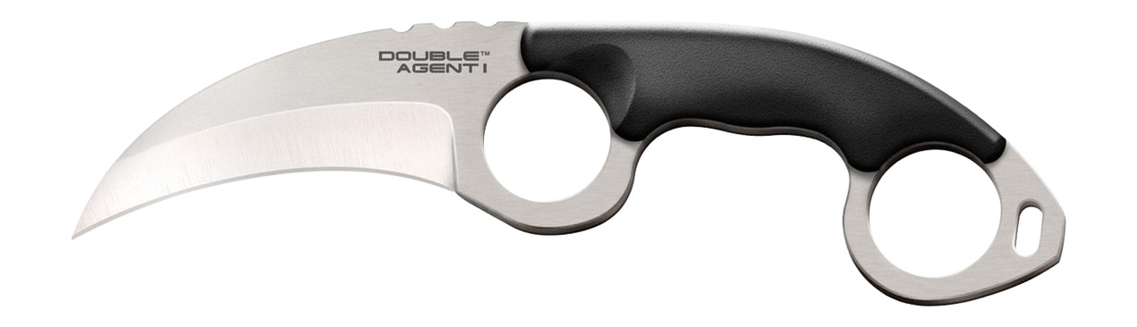Karambit-style fixed blade knife with finger rings