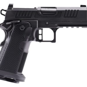 Black semi-automatic handgun on white background