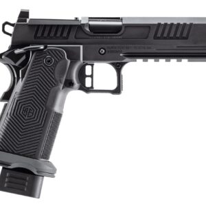 Black semi-automatic pistol on white background