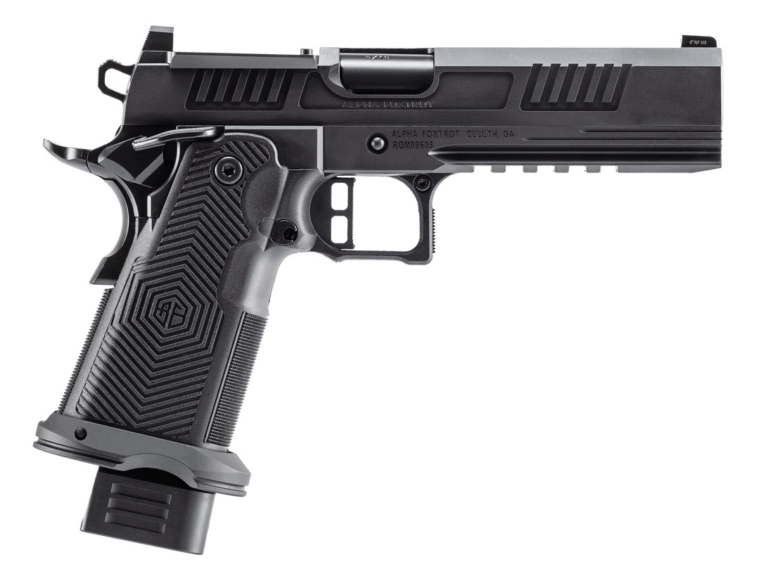 Black semi-automatic pistol on white background