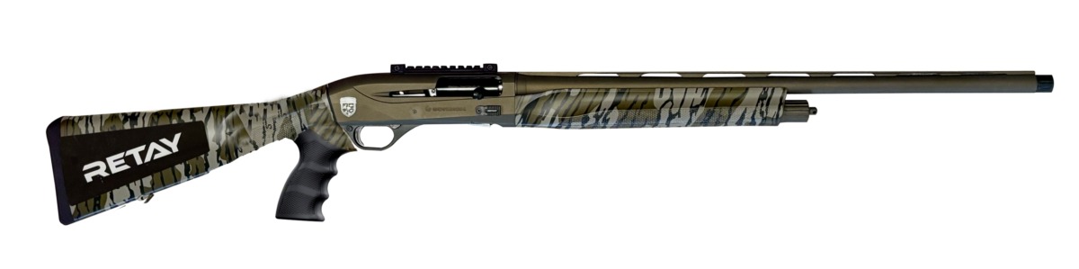Camouflage semi-automatic shotgun with long barrel
