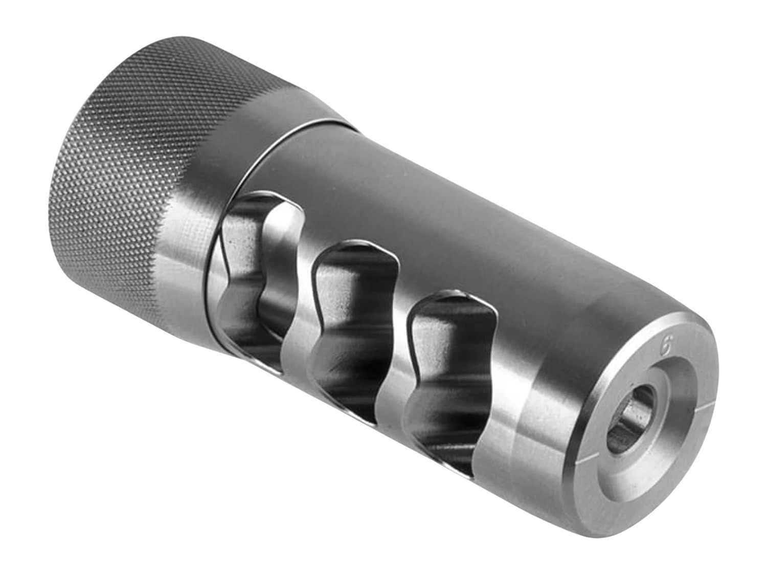 Metal muzzle brake with knurled grip design.
