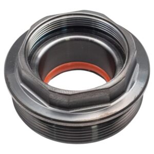 Close-up of a threaded metal connector component.