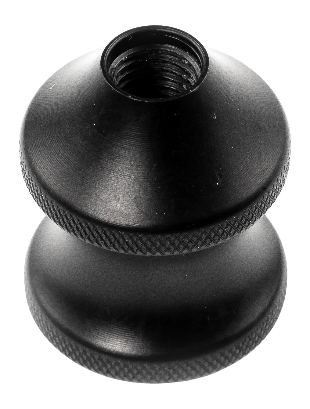 Black threaded connector for mechanical equipment.