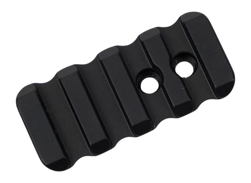 Black metal Picatinny rail mount with screw holes