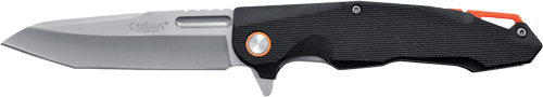 Black-handled folding knife with silver blade
