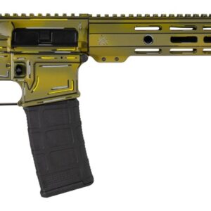 Olive green AR-style rifle on white background