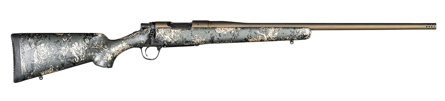 Camouflage bolt-action rifle with long barrel