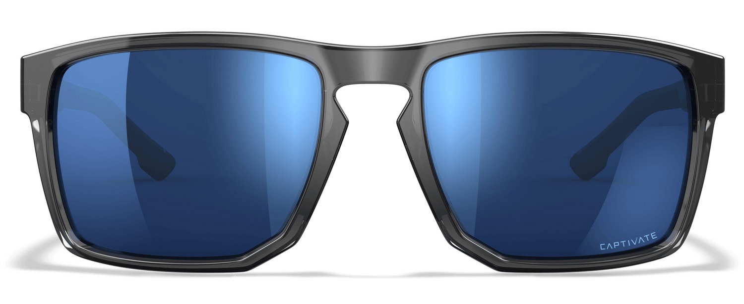 Sleek black sunglasses with blue lenses