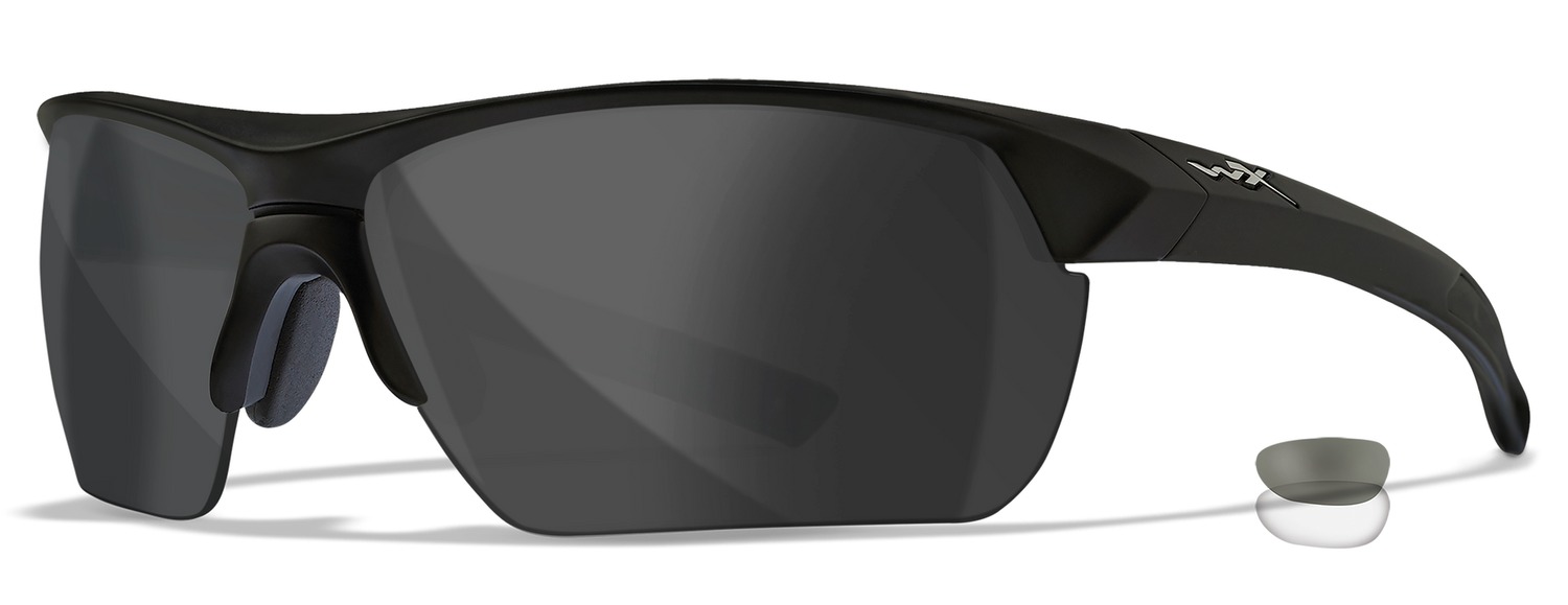 Sleek black sunglasses with dark lenses.