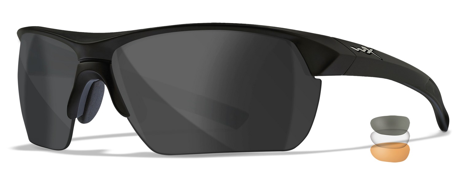 Stylish black sunglasses with interchangeable lenses.
