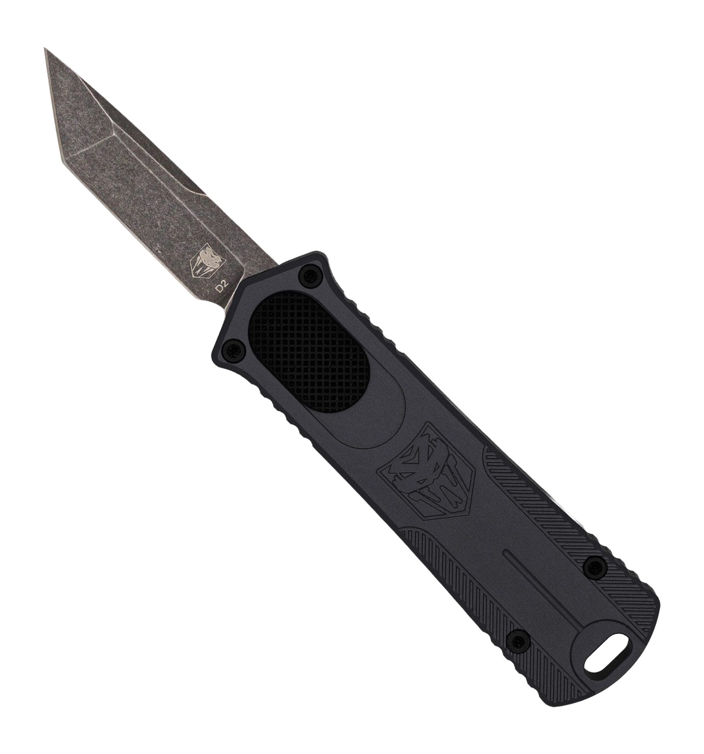 Black tactical OTF knife with tanto blade
