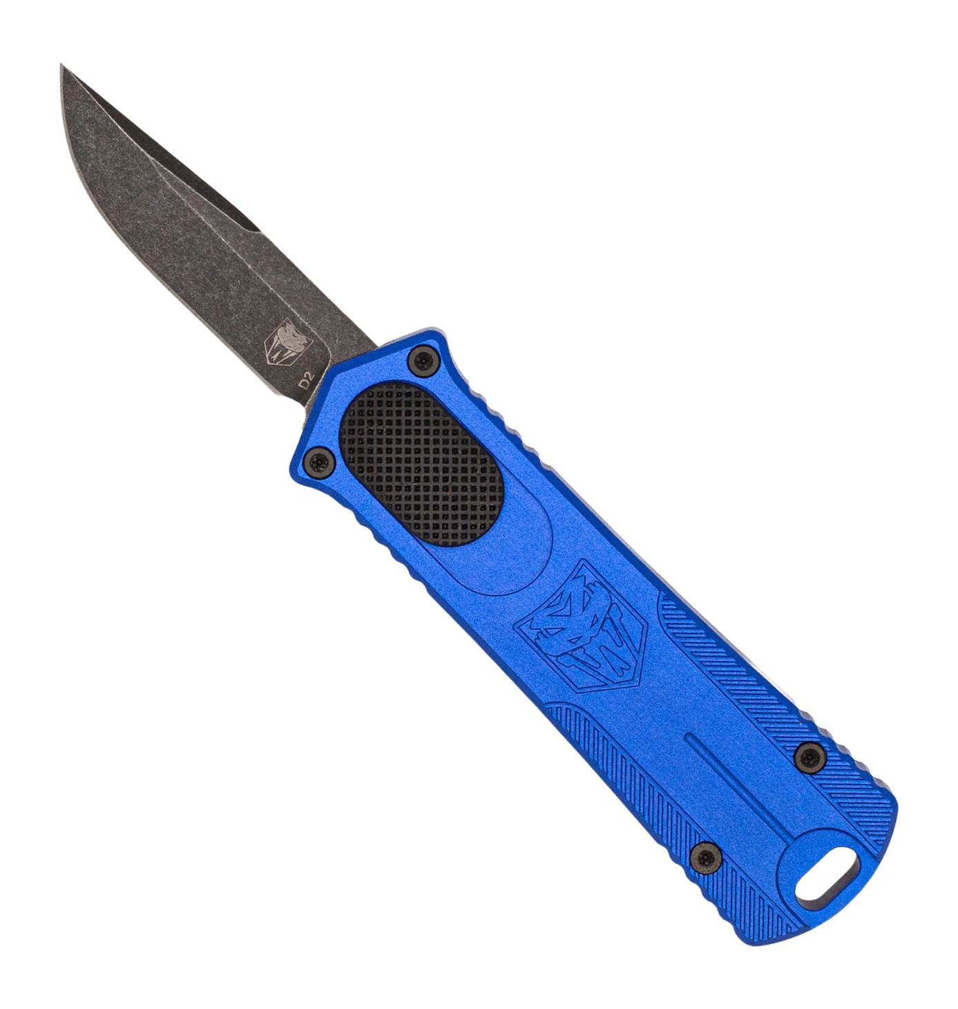 Blue automatic knife with black blade