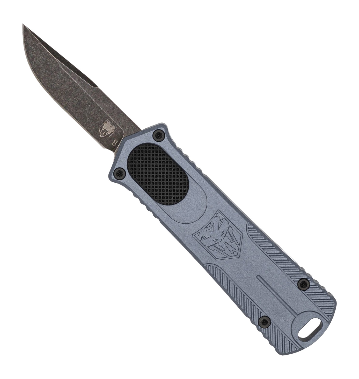 Gray folding pocket knife with black blade