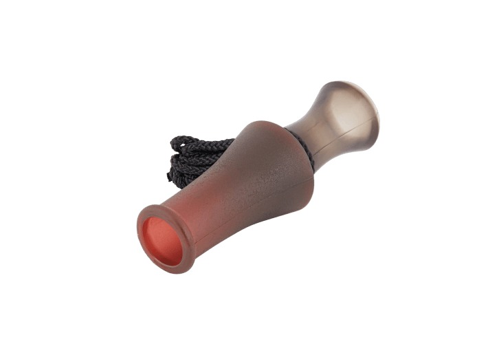 Brown duck call with black lanyard