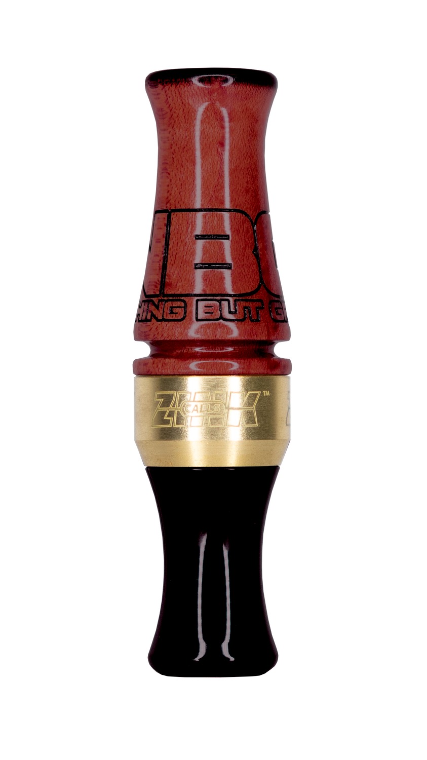 Red and black duck call with gold band