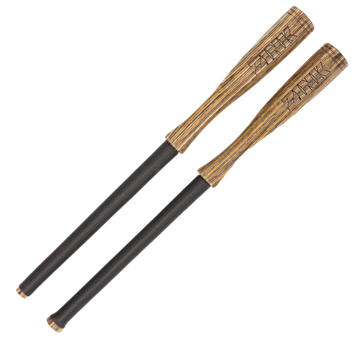 Two wooden-handled black batons on white background