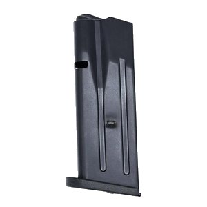 Black metal handgun magazine on white background
