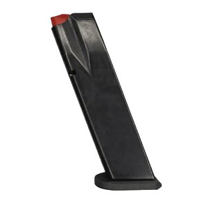 Black handgun magazine with red tip