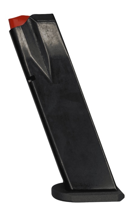 Black handgun magazine with red tip