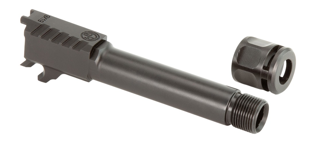 Threaded handgun barrel with detached muzzle device