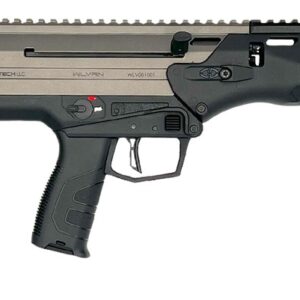 Modern black semi-automatic bullpup rifle on white background