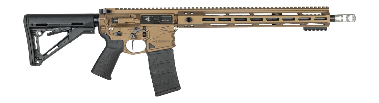 Tan and black AR-style semi-automatic rifle