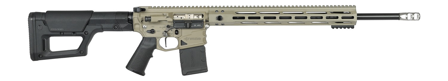 Modern AR-style rifle with tan and black finish