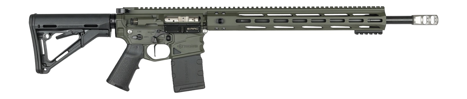Olive green AR-15 style rifle on white background