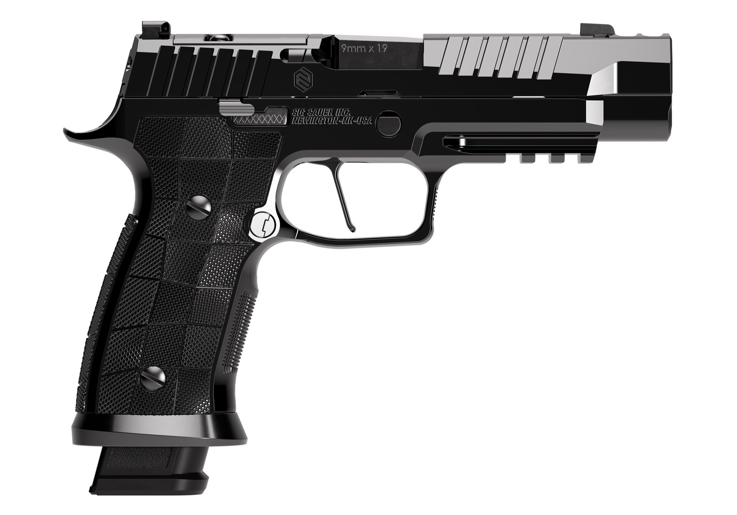 Black semi-automatic 9mm handgun side view