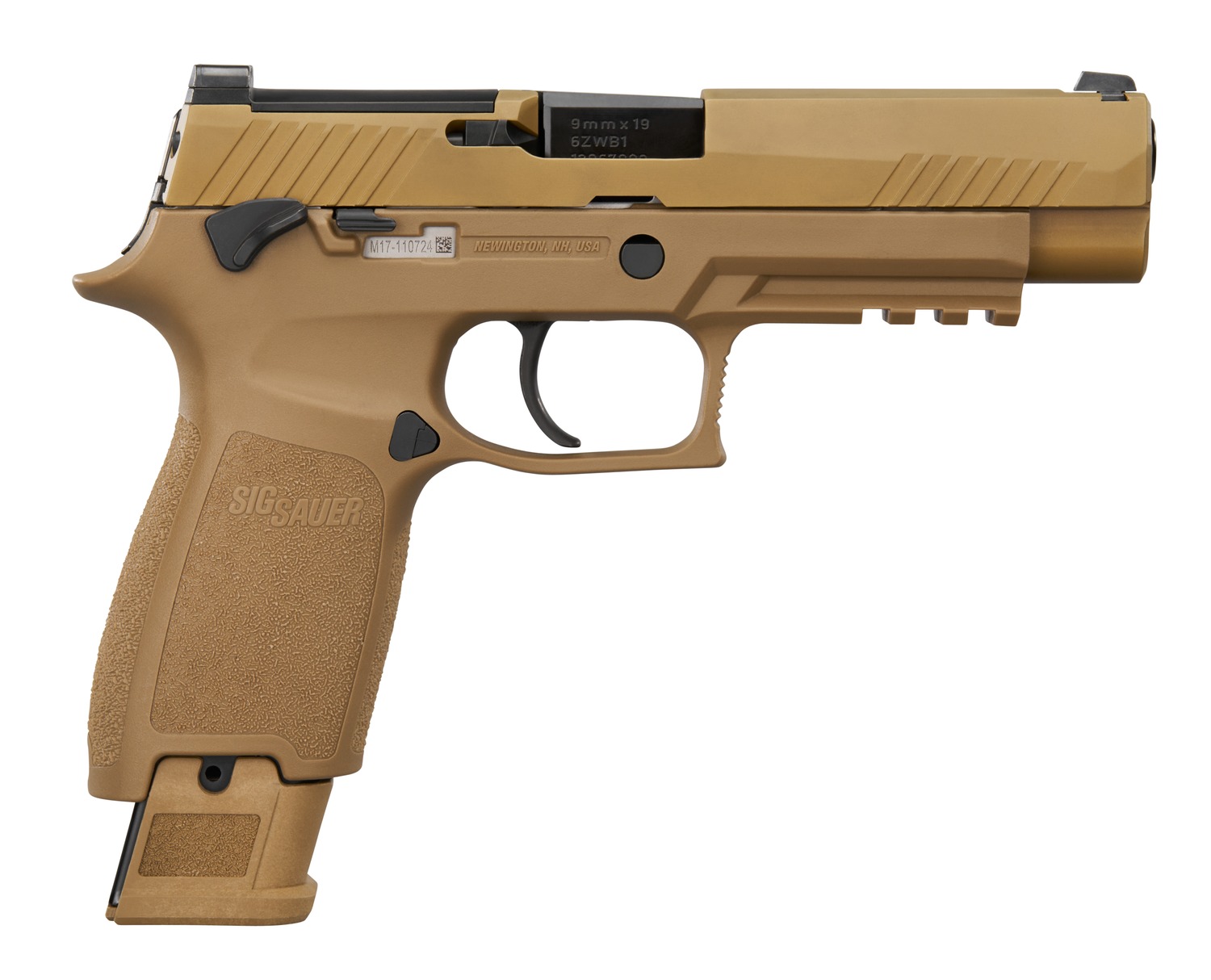 Tan SIG Sauer semi-automatic pistol on white background