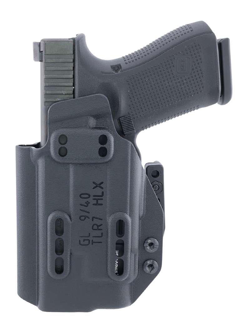 Black Glock pistol in molded holster