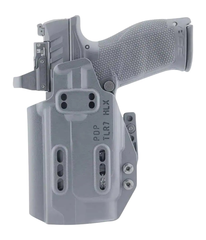 Handgun in gray polymer holster with optic