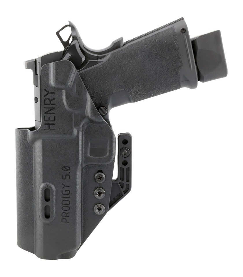 Black handgun in molded holster with belt clip