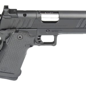 Black semi-automatic handgun on white background