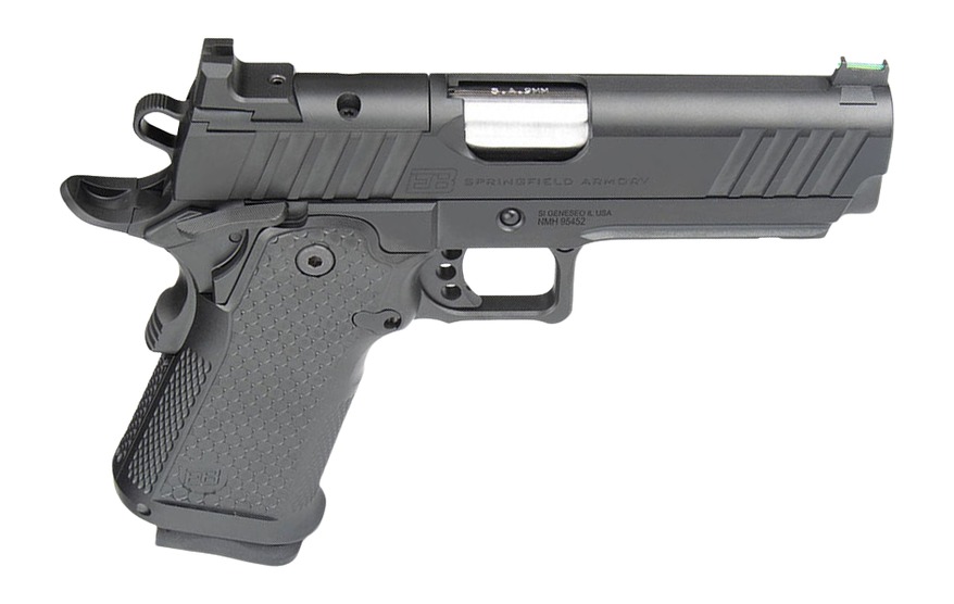 Black semi-automatic handgun on white background